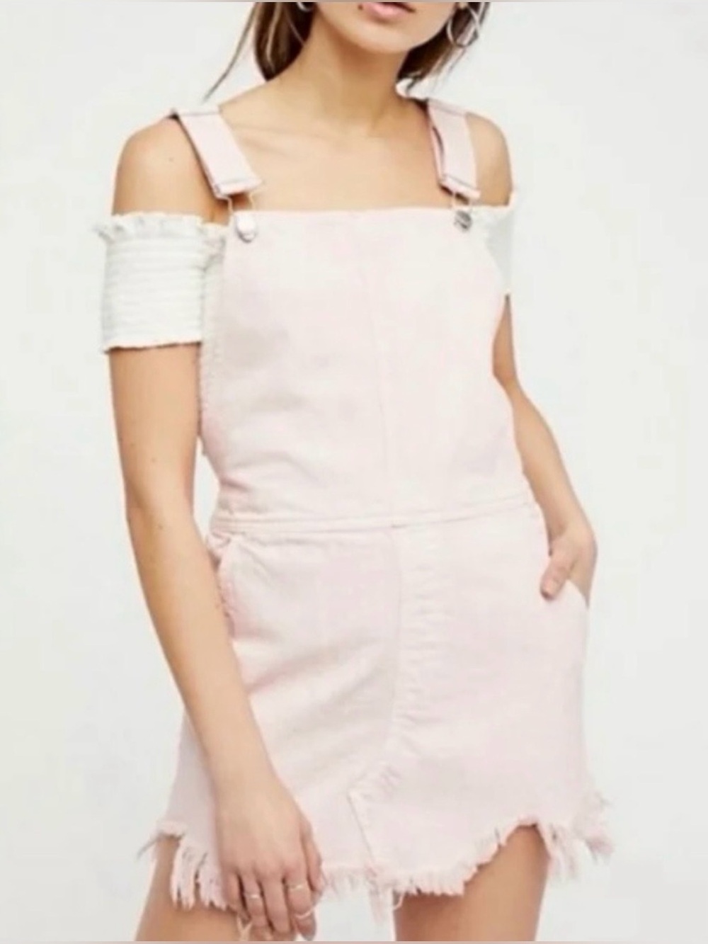 Free People Pink Denim Distressed Hem Skirtall Overall Skirt Dress Size 8